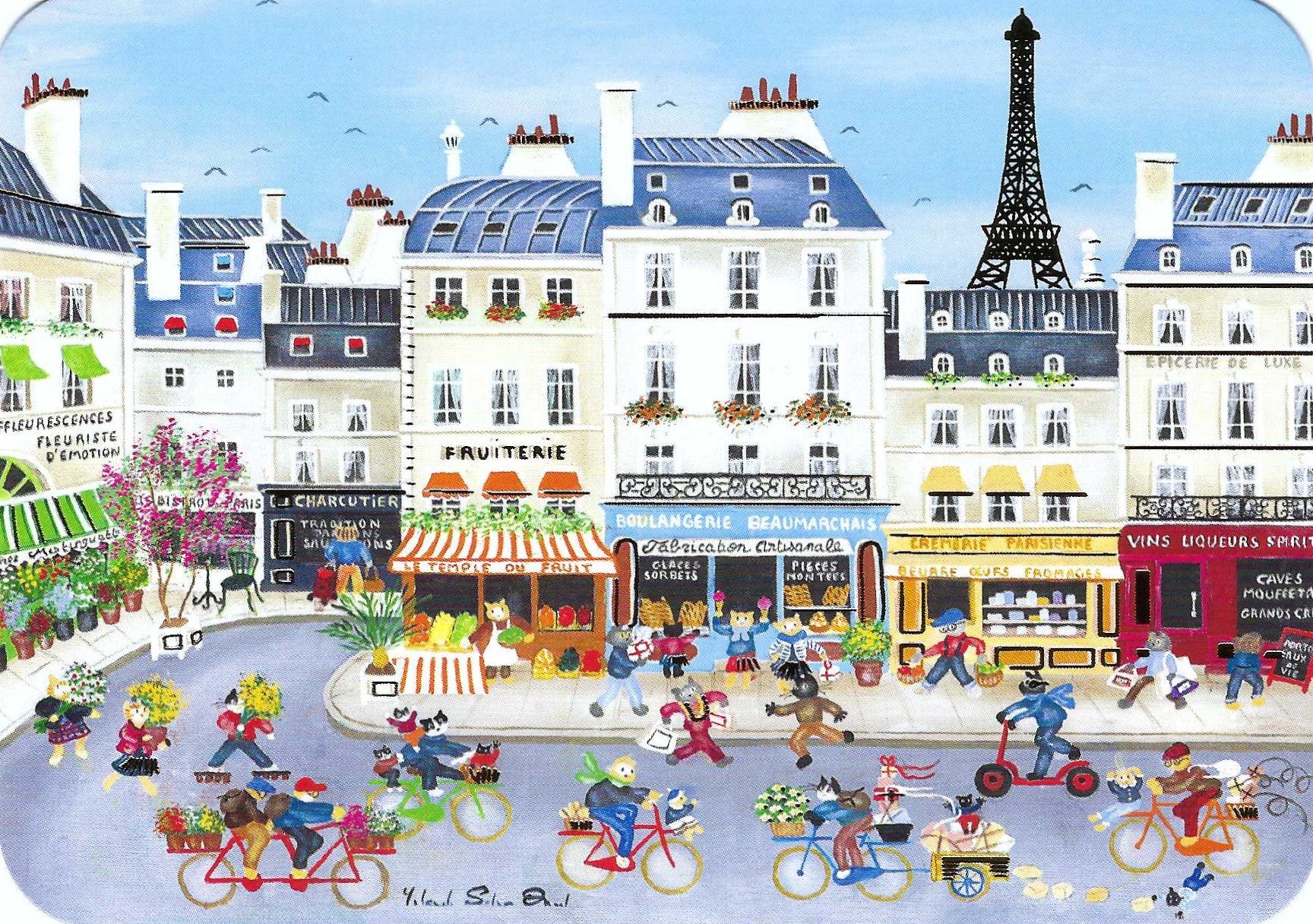 Paris Cats Postcard by Yolande Salmon-Duval - Cartes d'Art featuring a colorful illustration of a Paris street scene with cats and the Eiffel Tower.