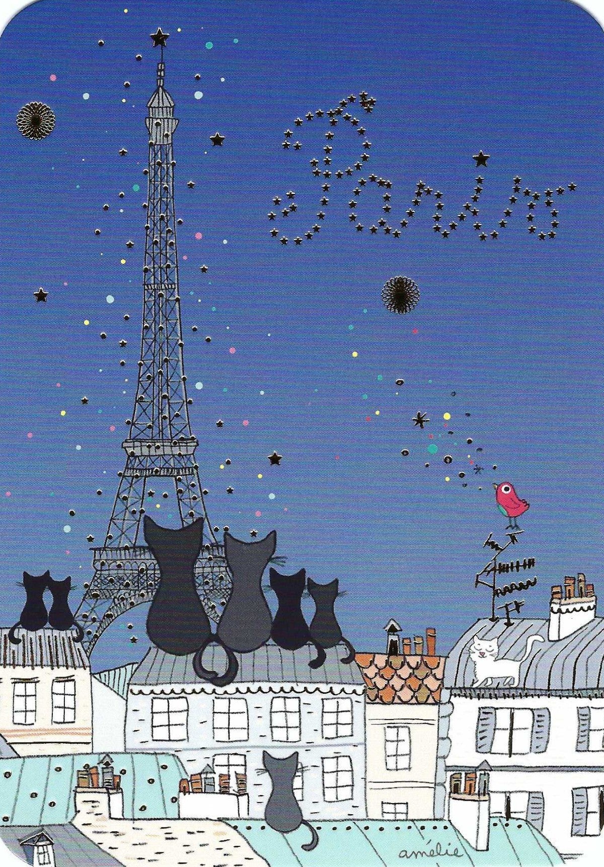 Paris Rooftops at Night Postcard by Cartes d'Art featuring black cats sitting on rooftops in Paris with the Eiffel Tower twinkling in the background.