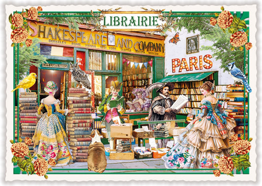 Paris France Shakespeare and Company Postcard by Edition Tausendschön featuring a bookshop with people and books, with the name 'Shakespeare and Company' and 'Librairie Paris'.