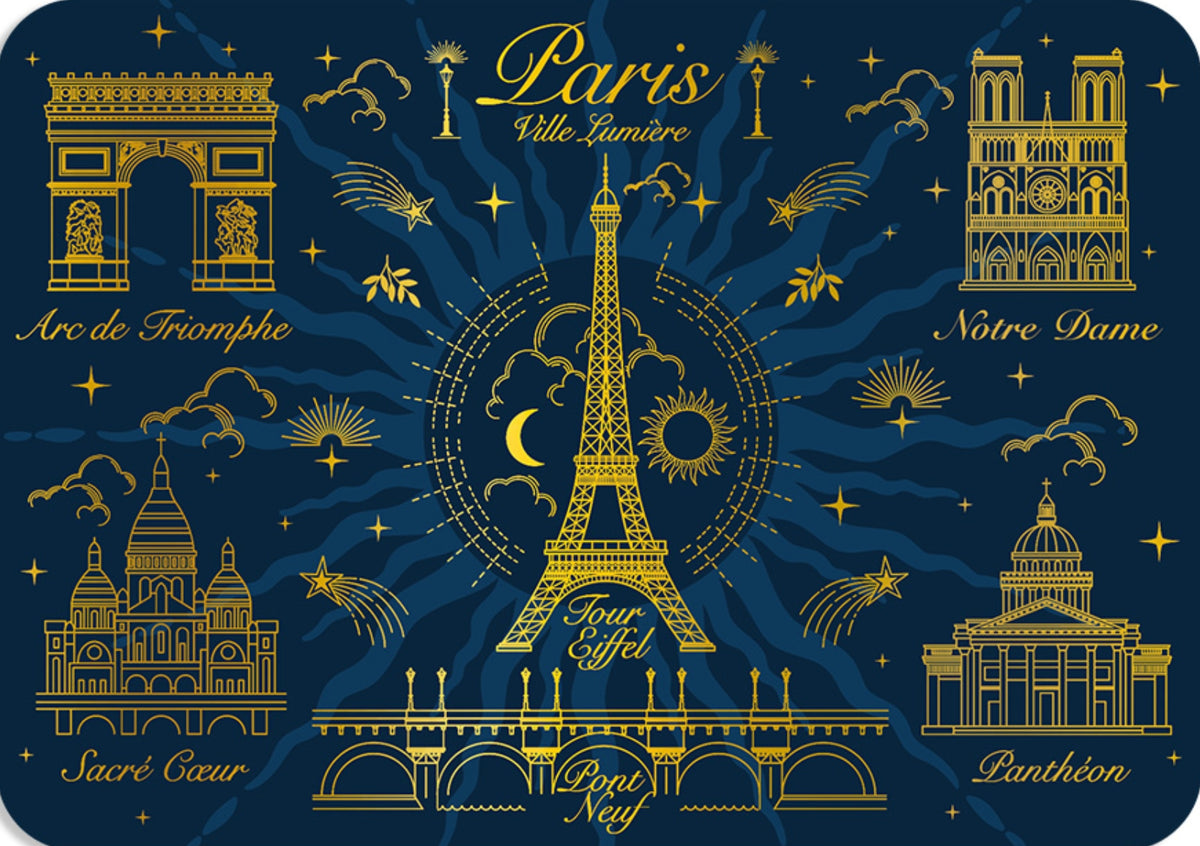 Cartes d'Art Paris Landmarks Postcard featuring an illustration of Paris landmarks in gold foil on a blue background