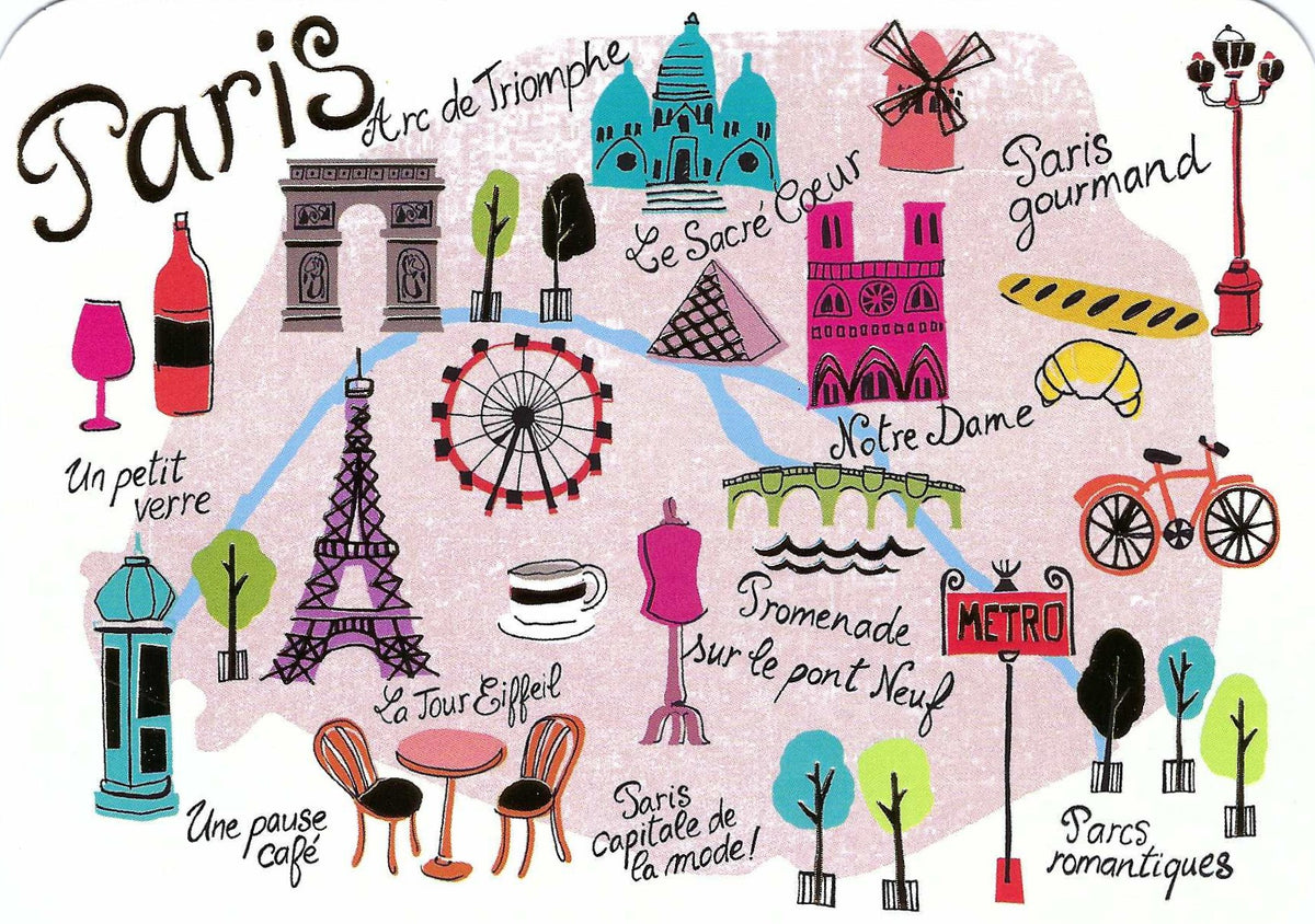 Paris France Map Postcard by Cartes d'Art featuring iconic landmarks and Parisian culture, including the Eiffel Tower, Arc de Triomphe, Sacré-Cœur, Notre-Dame Cathedral, a Métro sign, café table, wine, croissant, bicycle, fashion mannequin, carousel, and tree-lined streets arranged around a stylized map of Paris.