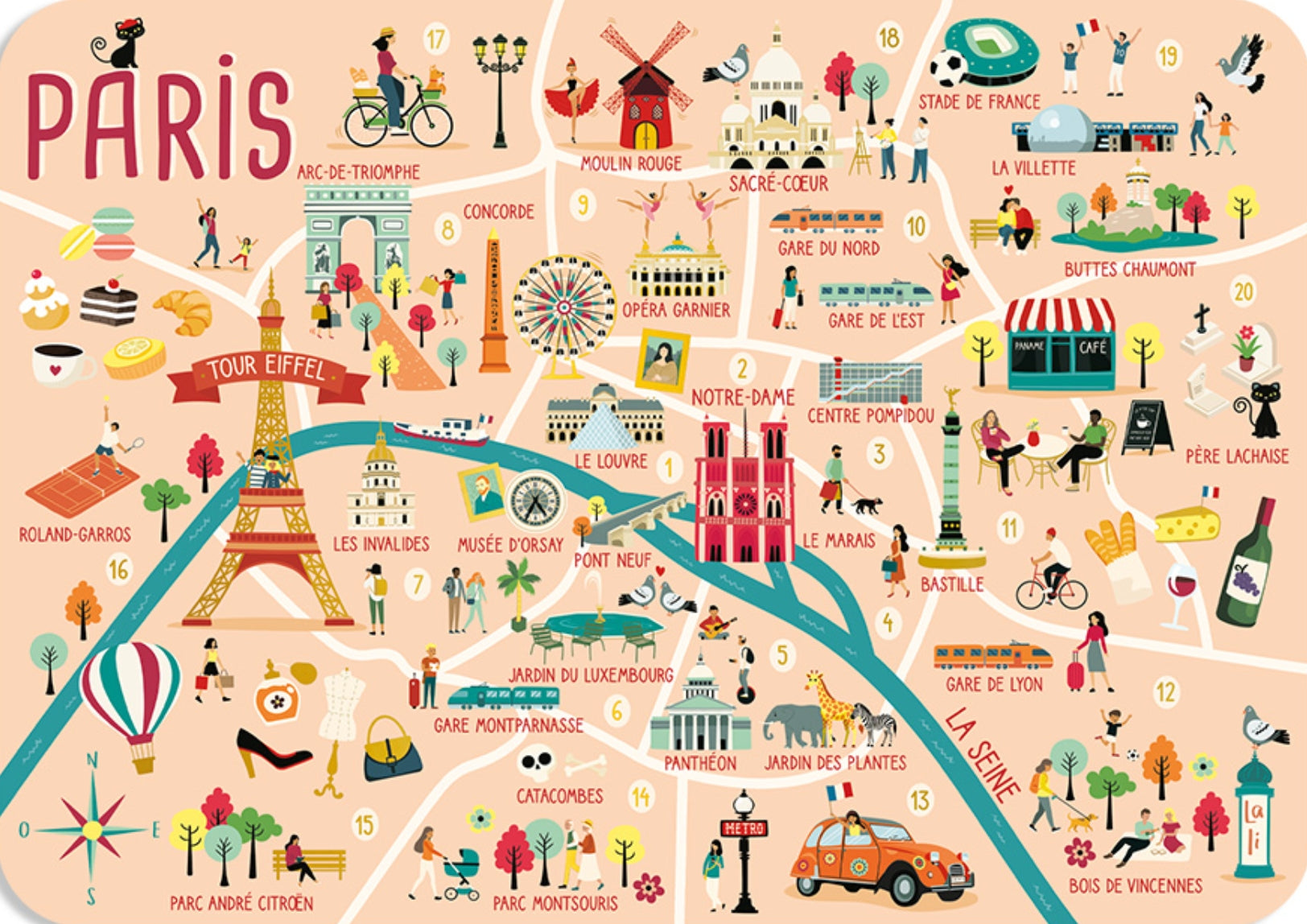 Paris Map Postcard by Cartes d'Art featuring an illustrated map of Paris with landmarks and activities