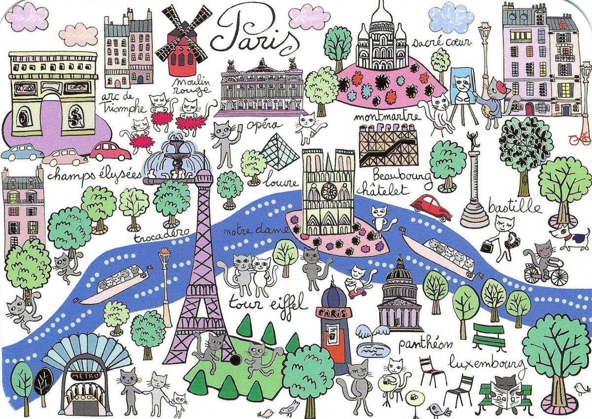 Paris Monuments and Cats Postcard by Cartes d'Art featuring several Paris Monuments, the Seine River and cats.