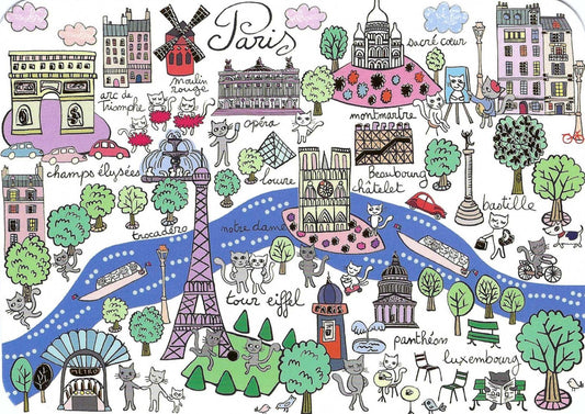 Paris Monuments and Cats Postcard by Cartes d'Art featuring several Paris Monuments, the Seine River and cats.
