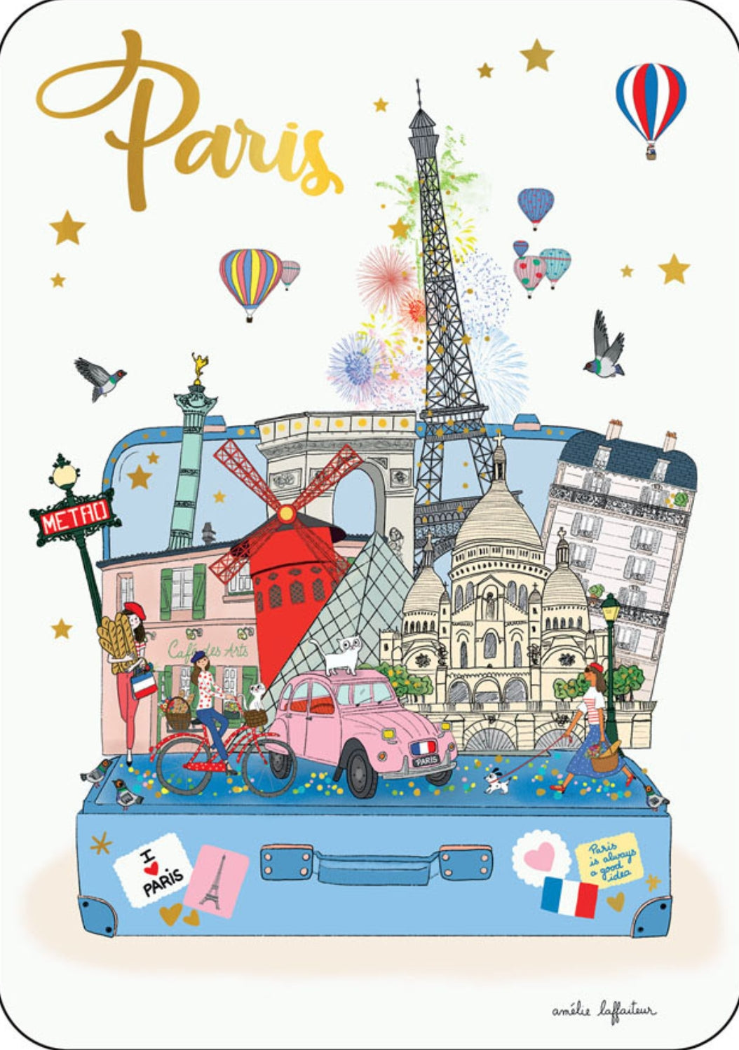Cartes d'Art postcard featuring an illustration of Paris-themed elements on a suitcase with Eiffel Tower, hot air balloons, and cityscapes.