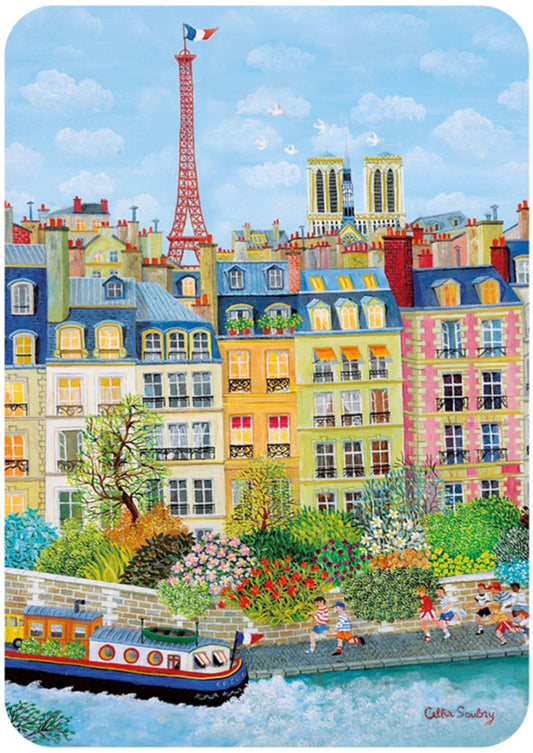 Paris Postcard by Cartes d'Art featuring a colorful Paris cityscape showing the Eiffel Tower, Paris Cathedral, pastel buildings, flowers, and a canal boat along the Seine. 
