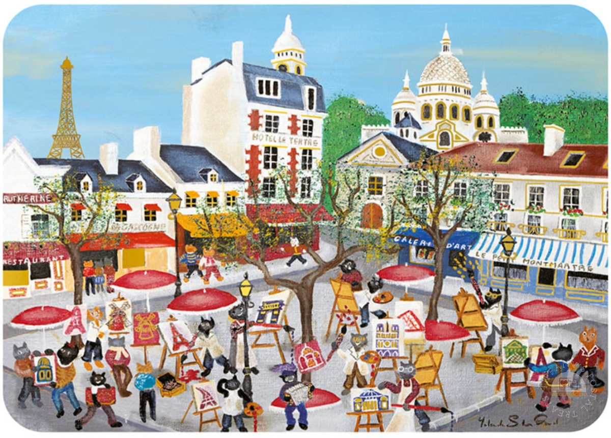 Paris Postcard by Cartes d'Art featuring a colorful illustrated scene of a Parisian Montmartre street with buildings, café umbrellas, and many cats painting outdoors. 