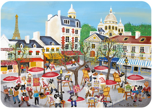 Paris Postcard by Cartes d'Art featuring a colorful illustrated scene of a Parisian Montmartre street with buildings, café umbrellas, and many cats painting outdoors. 