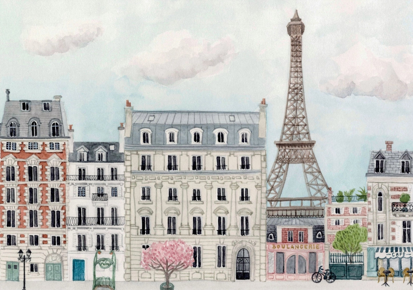 Illustrated Paris postcard by Mélanie Voituriez featuring the Eiffel Tower, Parisian shops, metro signage, and city details