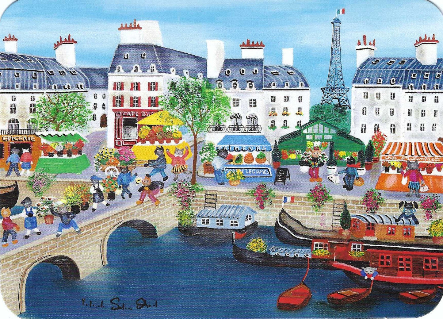 Paris River Seine Postcard by Cartes d'Art featuring a Parisian street scene with cats, buildings, and boats.