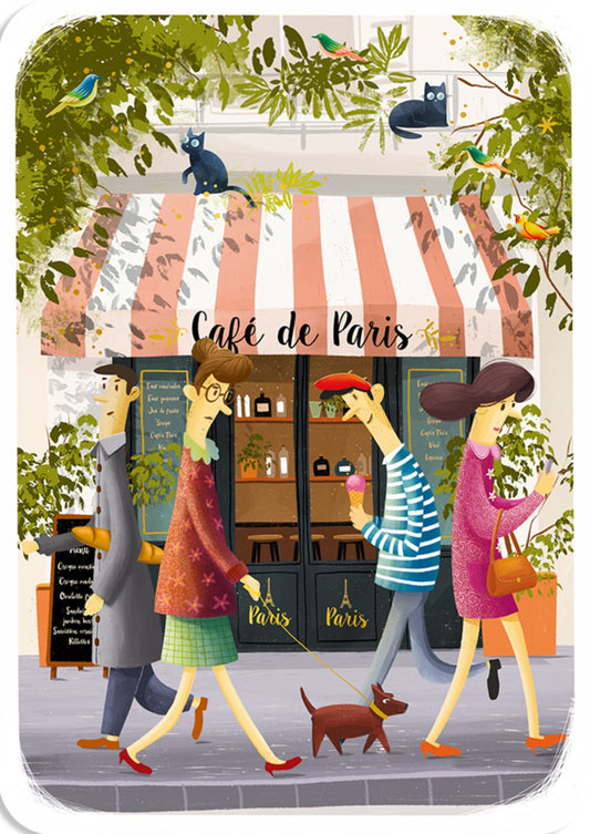 Paris Sidewalk Postcard by Cartes d'Art featuring an illustration of people walking past a café 