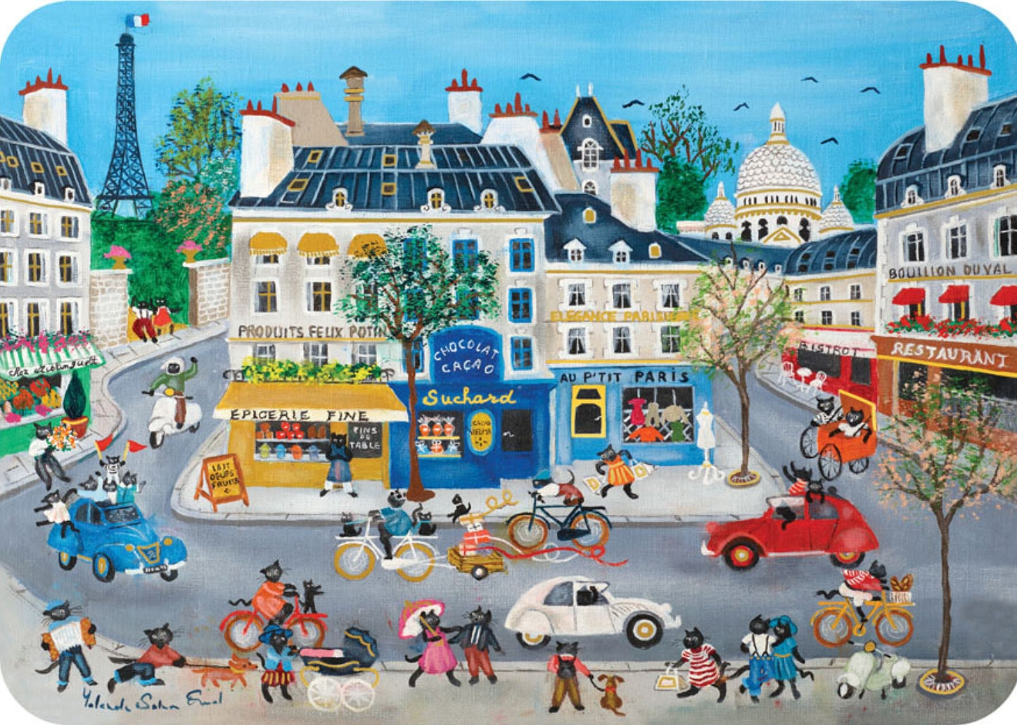 Paris Cats Postcard by Yolande Salmon-Duval - Cartes d'Art featuring a colorful illustration of a Paris street scene with buildings, cats, and vehicles.