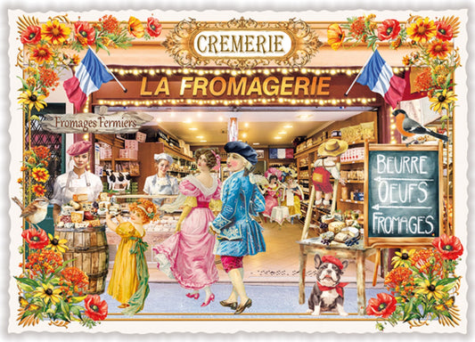 Paris France Cremerie Fromagerie Postcard by Edition Tausendschön featuring a French cheese shop with people and flowers