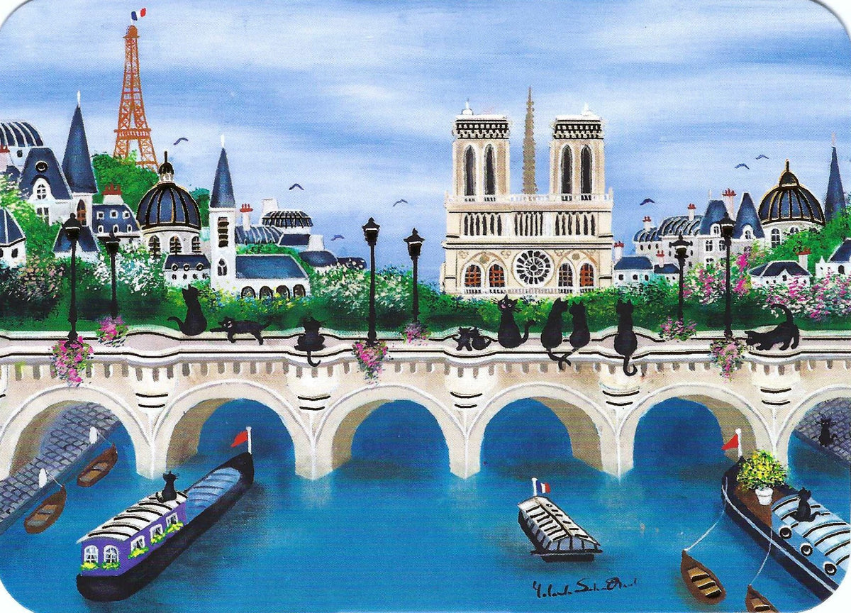 Paris Postcard by Cartes d'Art featuring a colorful Paris postcard illustration with the Eiffel Tower, Notre-Dame Cathedral, charming French architecture, black cats perched on a bridge, blooming flowers, and canal boats on the Seine River.
