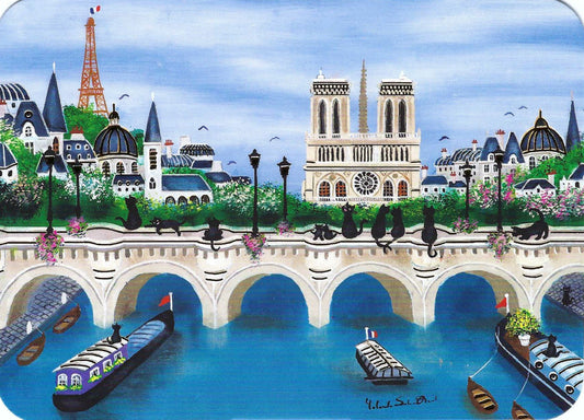 Paris Postcard by Cartes d'Art featuring a colorful Paris postcard illustration with the Eiffel Tower, Notre-Dame Cathedral, charming French architecture, black cats perched on a bridge, blooming flowers, and canal boats on the Seine River.