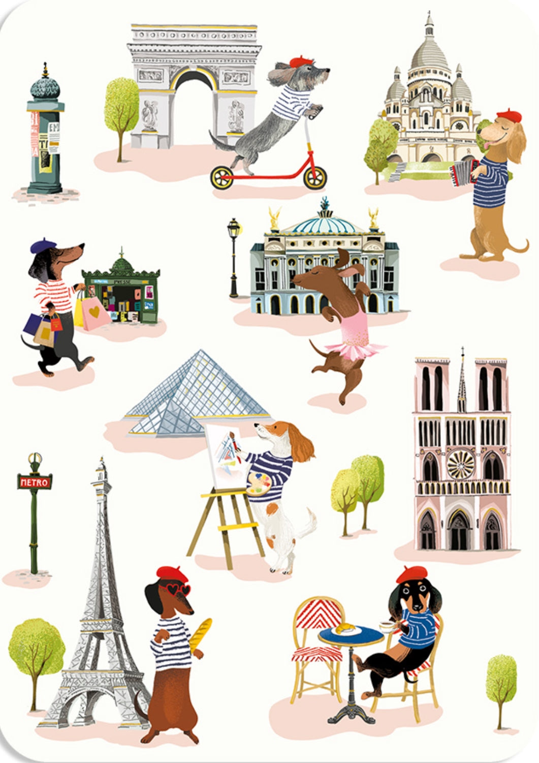 Cartes d'Art postcard featuring an illustration of Dachshund dogs in Paris with famous landmarks