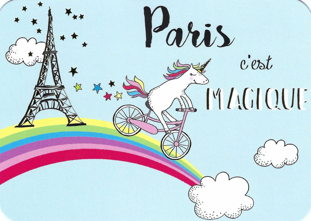 Paris is Magic Postcard by Cartes d'Art featuring a unicorn riding a bicycle on a rainbow near the Eiffel Tower with the text Paris c'est Magique