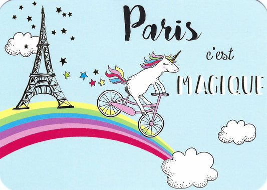 Paris is Magic Postcard by Cartes d'Art featuring a unicorn riding a bicycle on a rainbow near the Eiffel Tower with the text Paris c'est Magique