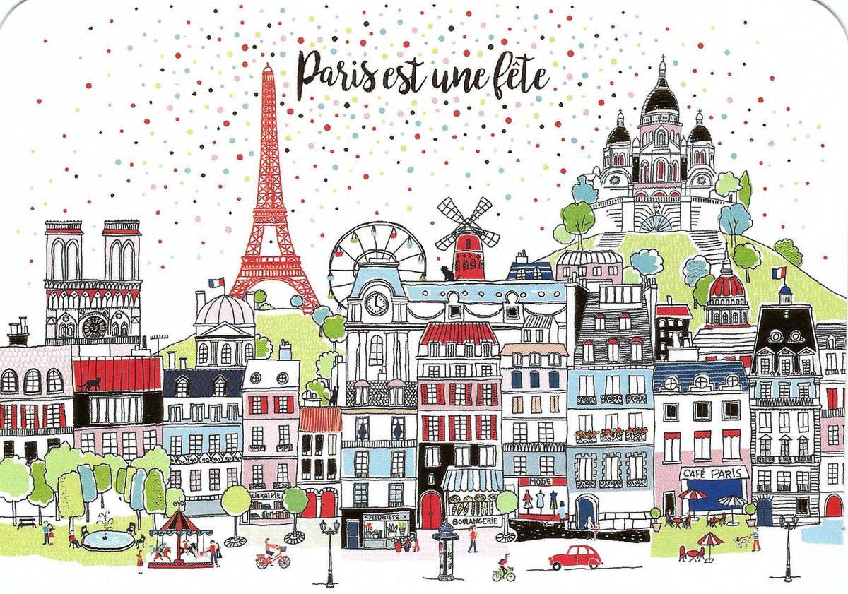 Paris is a Party Postcard by Cartes d'Art featuring an illustration of Paris with iconic landmarks and colorful buildings.