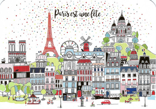 Paris is a Party Postcard by Cartes d'Art featuring an illustration of Paris with iconic landmarks and colorful buildings.