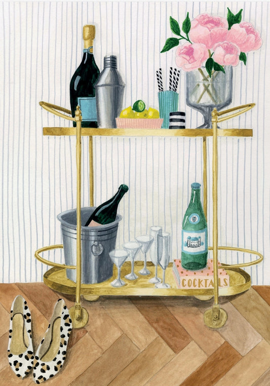 Party Girl illustrated postcard by Mélanie Voituriez featuring champagne bottles, high heels, cocktail shaker, glasses, and floral accents - ideal for celebration-themed snail mail and Postcrossing.