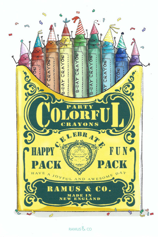 Party Crayons Postcard by Ramus & Company featuring a pack of colorful crayons with party hats.