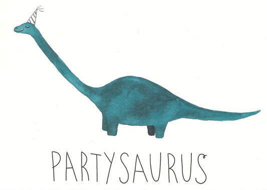 Partysaurus Postcard by Taurus - featuring a blue dinosaur illustration with 'PARTYSAURUS' text on a white background