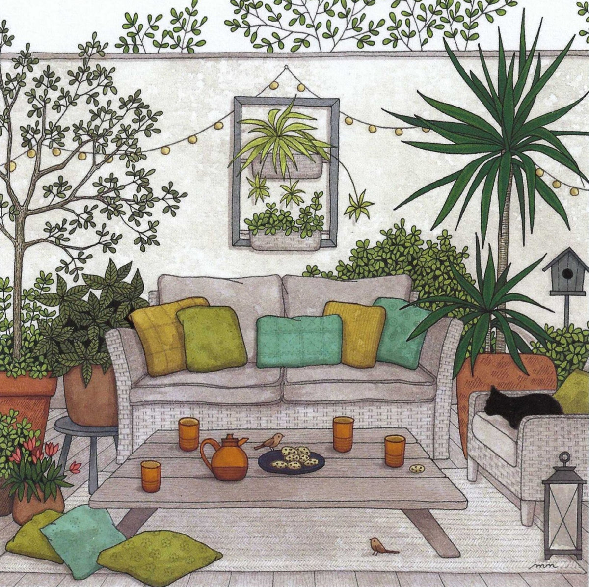 Patio Retreat Postcard by Myriam Nion - Editions Titi Pinson featuring an illustration of a cozy outdoor living space with a sofa, cushions, a black cat and plants.