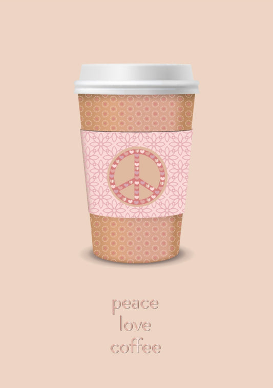 Peace, Love, Coffee Postcard by Nobis Design featuring a coffee cup with peace symbol design on a beige background