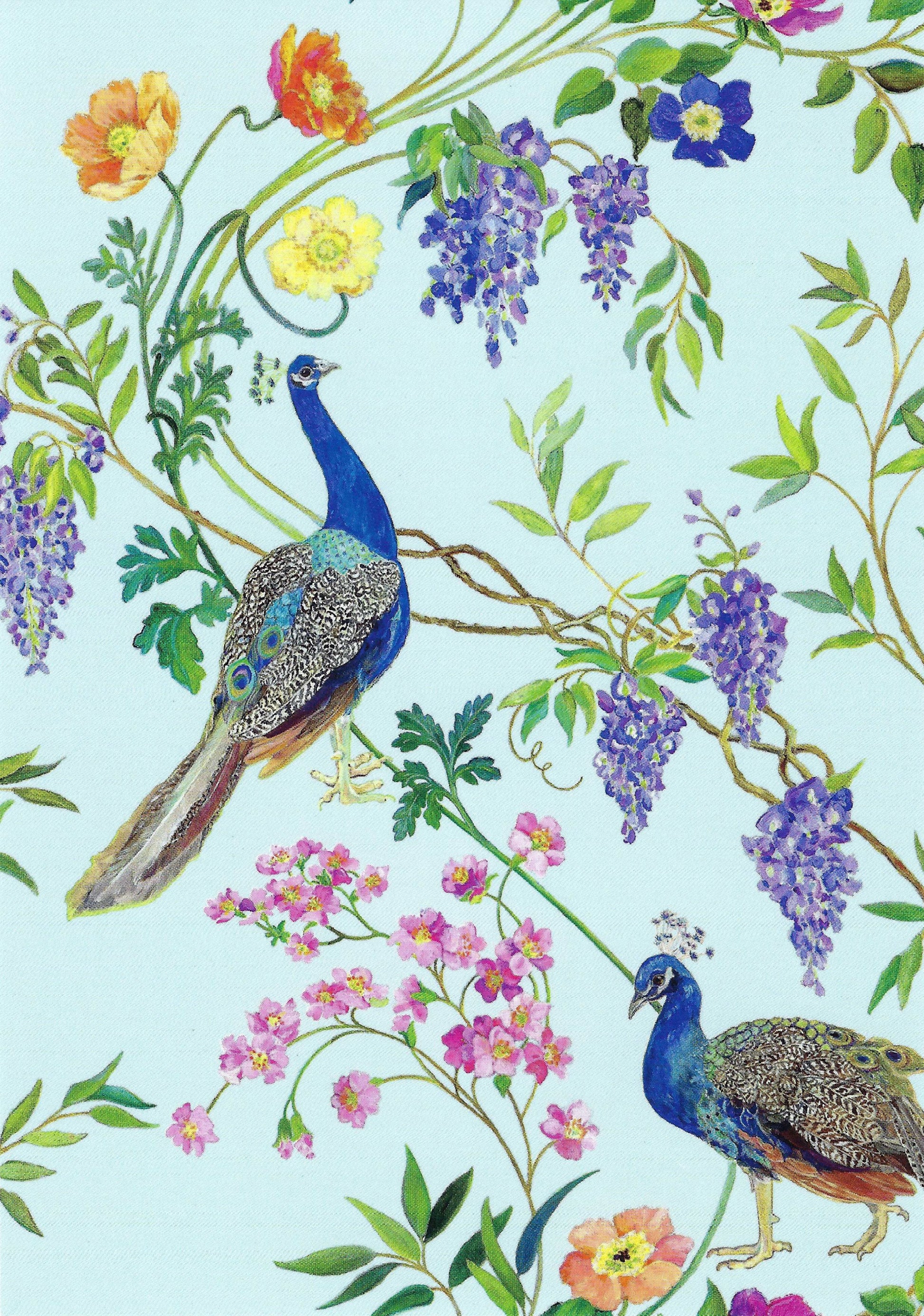 Peacock Postcard - Postcrossing Postcard - Two peacocks among flowers and leaves on a light blue background