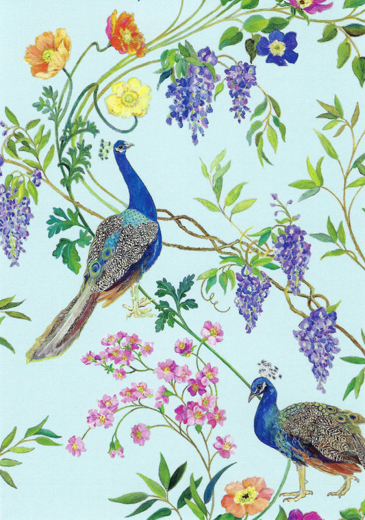 Peacock Postcard - Postcrossing Postcard - Two peacocks among flowers and leaves on a light blue background
