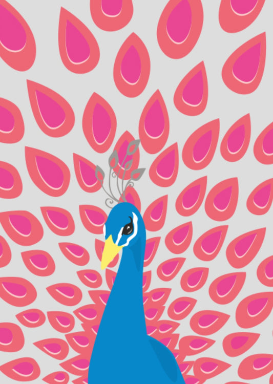 Peacock Postcard by Nobis Design featuring a Blue peacock illustration with neon pink feathers