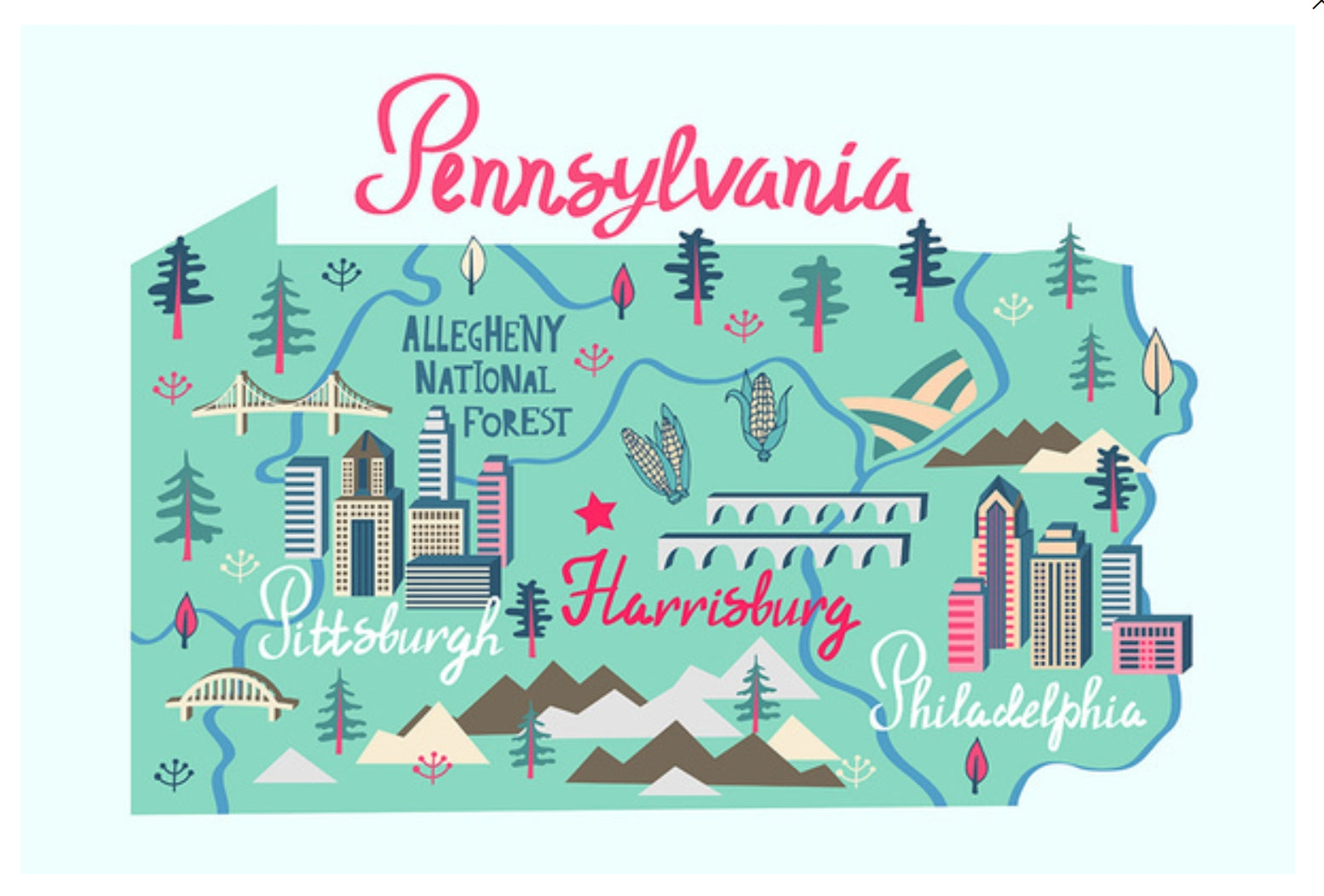 Lantern Press Postcard featuring an illustrated map of Pennsylvania with cities and natural landmarks on a light blue background.