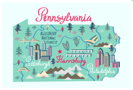 Lantern Press Postcard featuring an illustrated map of Pennsylvania with cities and natural landmarks on a light blue background.