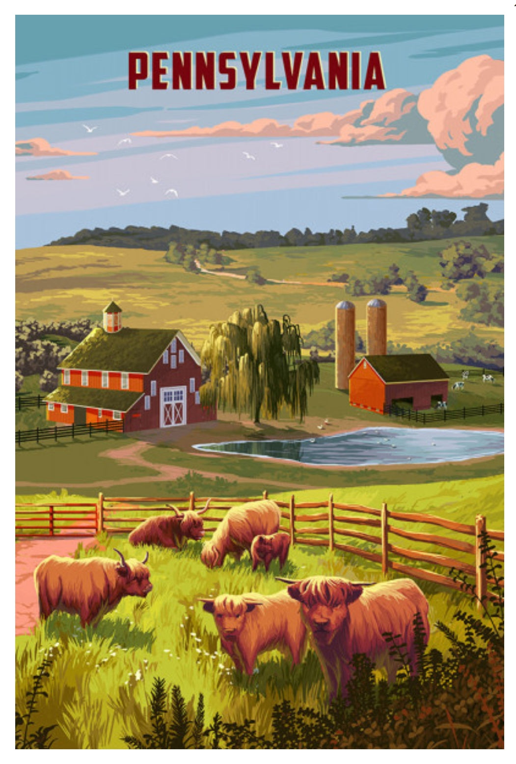 Pennsylvania Postcard by Lantern Press featuring Highland Cows and farmland.