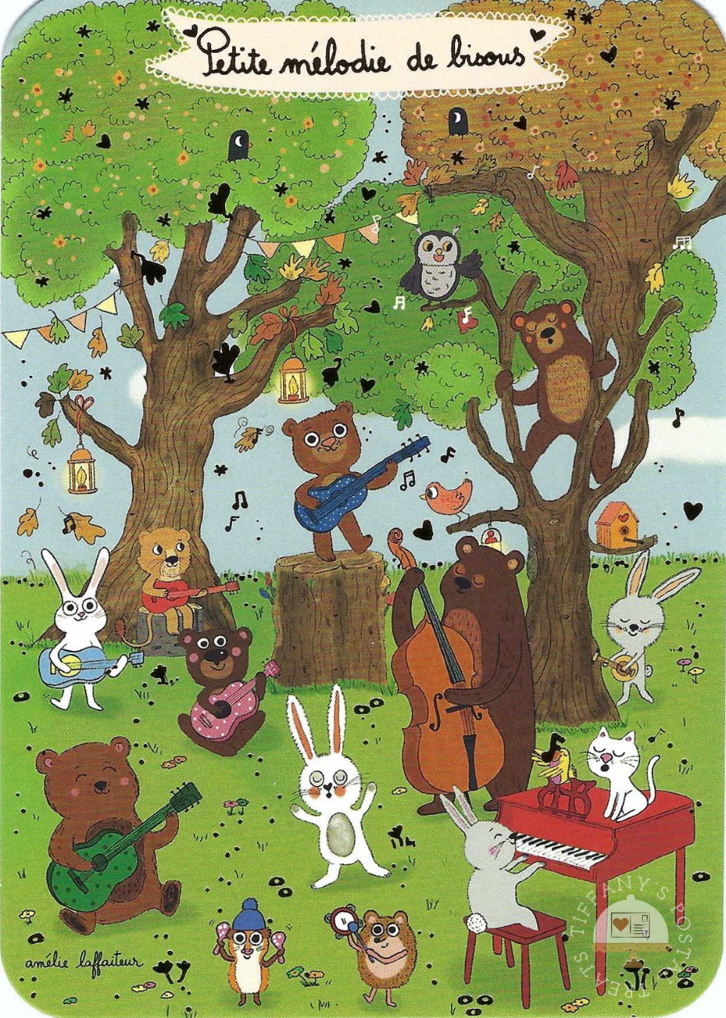 Melody Postcard by Cartes d'Art featuring cartoon animals playing music in a forest clearing beneath large trees. The French title 'Petite melodie de bisous' appears at the top.