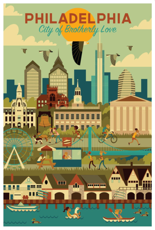 Lantern Press Postcard featuring Philadelphia with city skyline and people enjoying various activities.