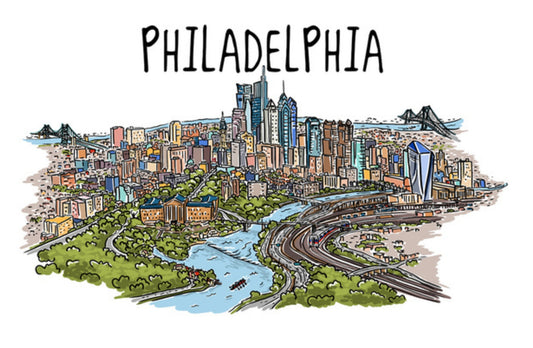 Lantern Press Line Drawing Postcard featuring an illustration of Philadelphia with colorful buildings and a river.