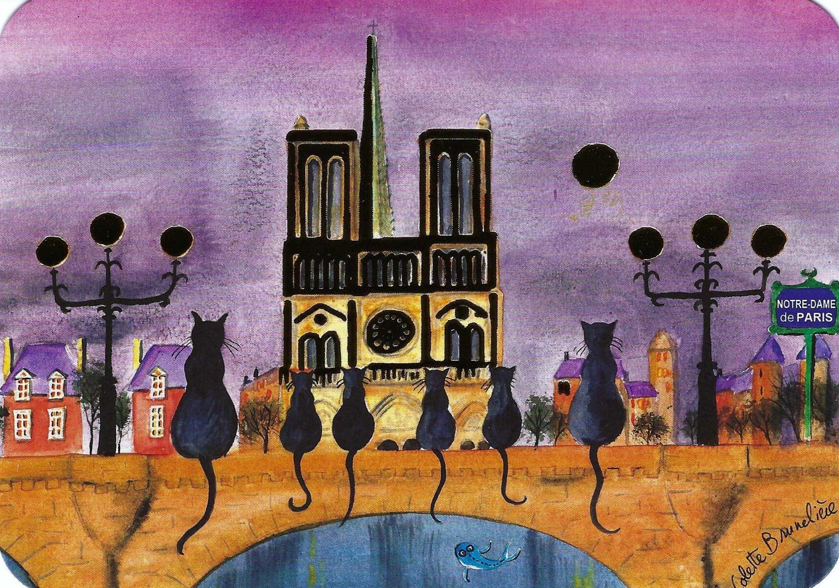 Black Cats of Notre-Dame de Paris Postcard by Colette Brunelière - Cartes d'ARt featuring an artistic depiction of cats on a bridge with Notre Dame Cathedral in the background with gold foil details.