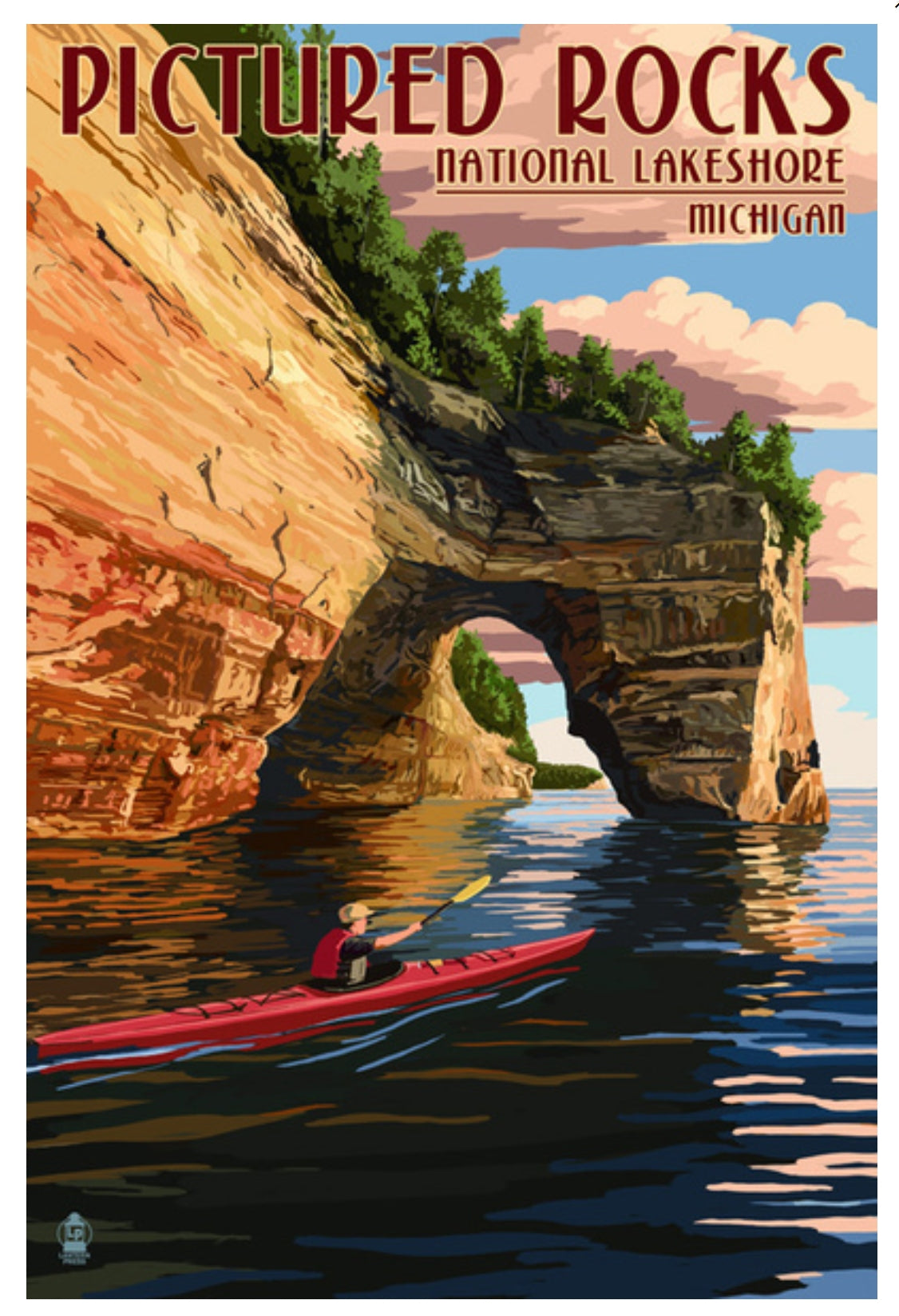 Pictured Rocks National Lakeshore, Michigan Postcard by Lantern Press featuring a large rock arch over calm water with a red kayak in the foreground and text at the top that says Picture Rocks National Lakeshore.