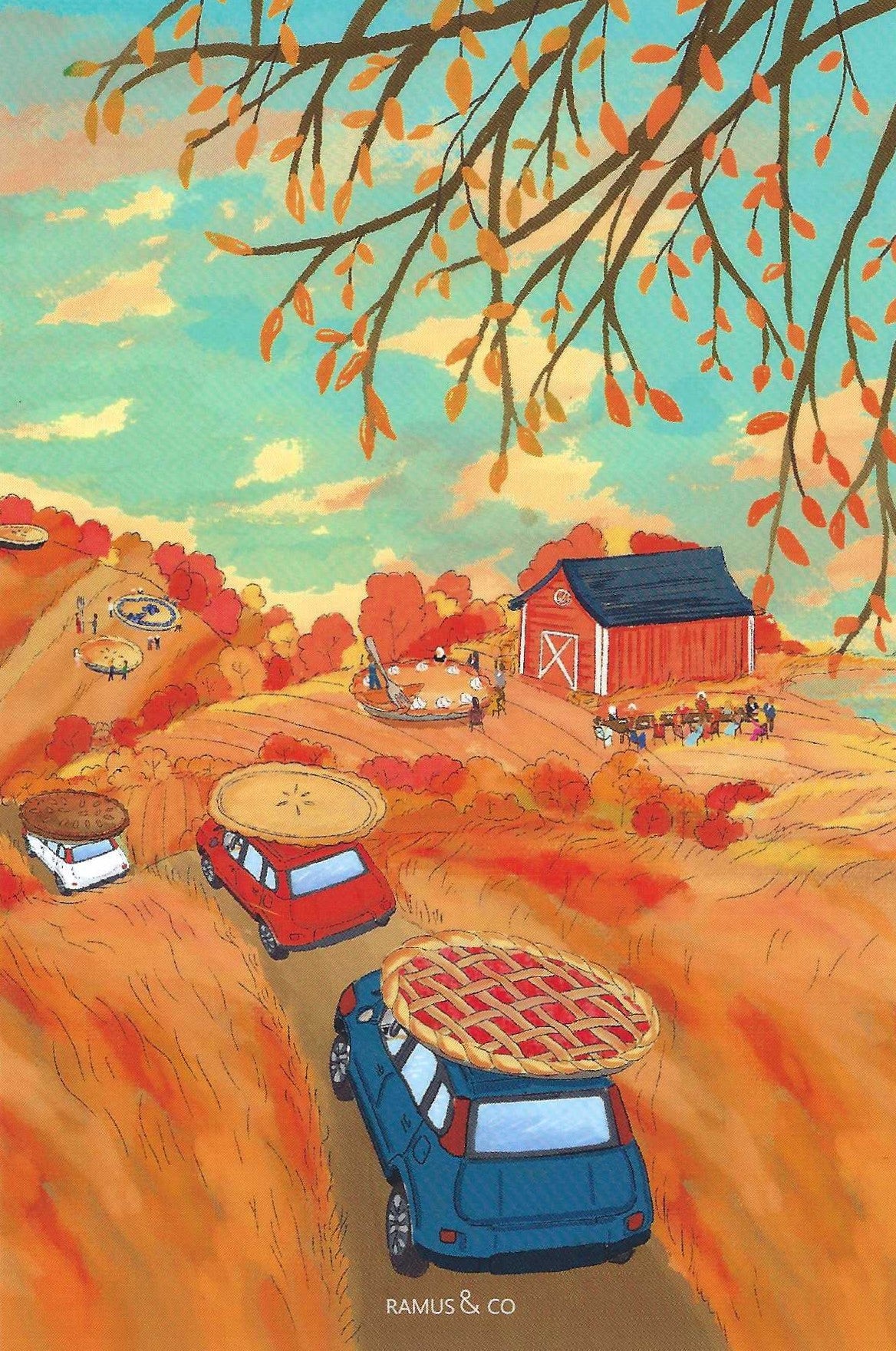 Pie Club Postcard by Ramus & Company featuring a colorful rural autumn landscape, with cars with pies on top, a red barn, and tree branches overhead and people in the distance eating the pies.