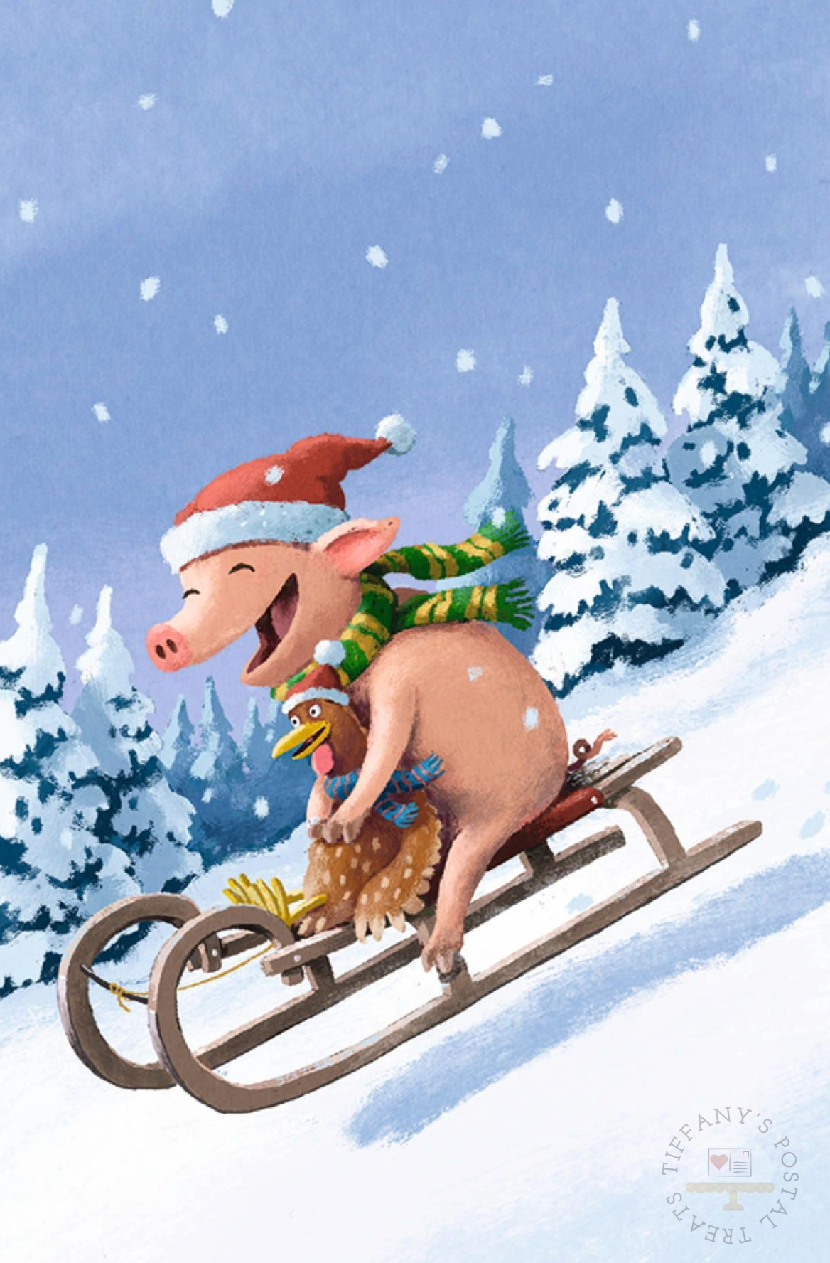 Pig and Chicken on Sled Postcard by Inkognito featuring a pig and chicken on a wooden sled sledding down a hill with snowy trees and snowflakes falling.