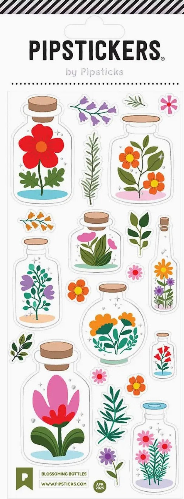 Blossoming Bottles Sticker sheet with floral designs in glass jars by Pipsticks.