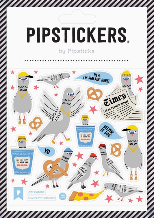 Pipstickers City Pigeons Pipsticks Sticker Sheet with illustrated pigeons and pretzels, newspaper, pizza and other objects.