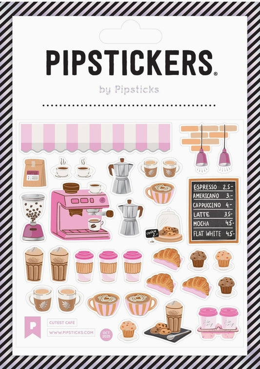 Cutest Cafe Pipstickers with illustrations of coffee-themed items on a white background - Pipsticks Sticker Sheet