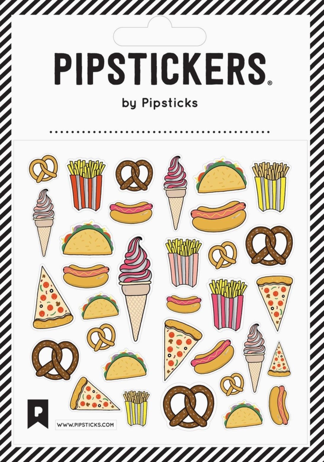 junk Food Fun Pipsticks stickers featuring pizza, french fries, pretzels, ice cream cones, tacos and hot dogs.