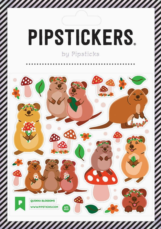 Pipsticks Quokka Blossoms Pipsticks sticker sheet featuring Quokkas and mushrooms and flowers.
