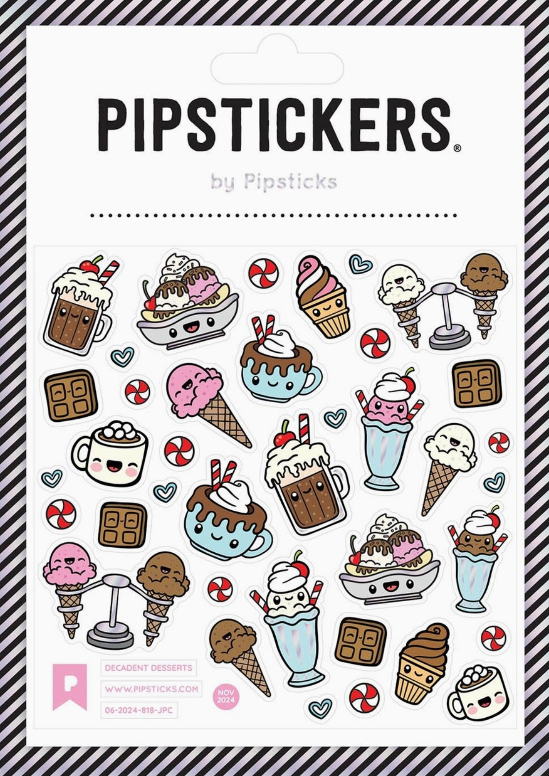 Pipsticks Decadent Desserts sticker sheet featuring ice cream and dessert-themed designs.