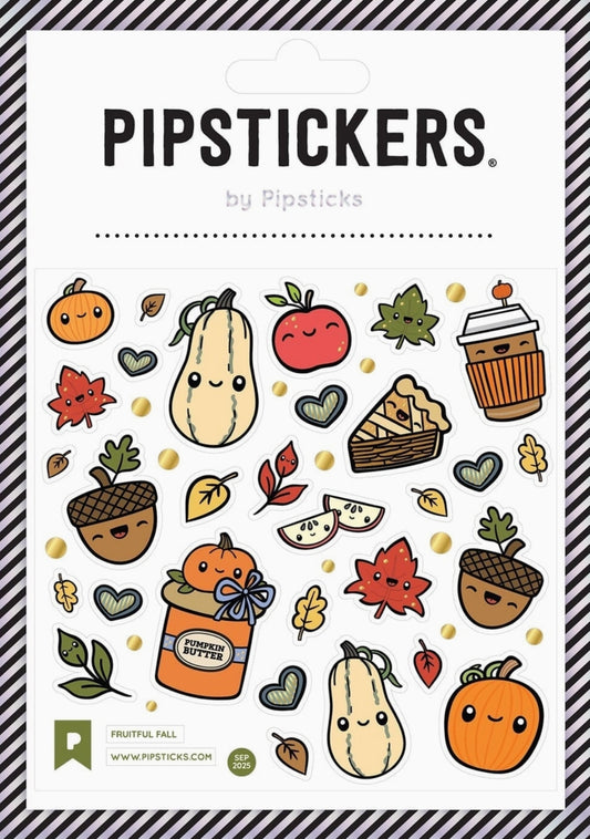 Fruitful Fall Pipsticks sticker sheet with autumn-themed stickers of pumpkins, gourds, pie, coffee, acorns and leaves.