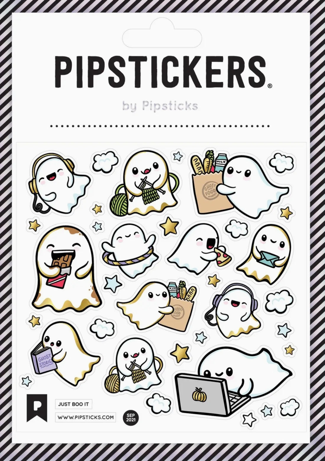 Just Boo It Pipsticks sticker sheet featuring cartoon ghosts